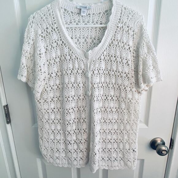 Dressbarn Sweater Womens 18 20 White Crochet Button Front Short Sleeve Cardigan - Picture 1 of 5